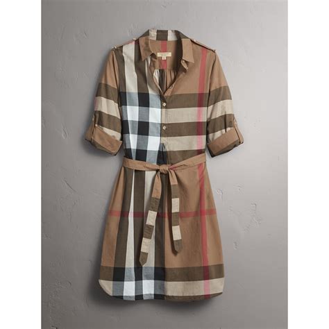 burberry onesies with a check print collar|Check Cotton Shirt Dress in Husk .